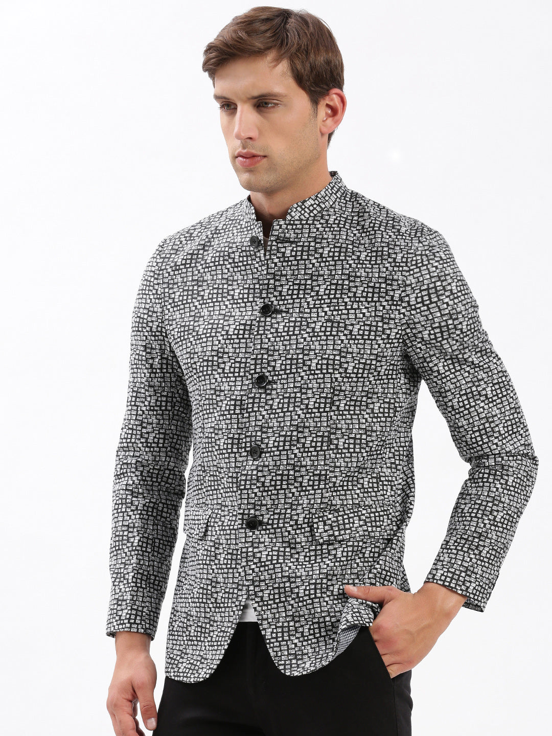 Men Mandarin Collar Printed Black Blazer