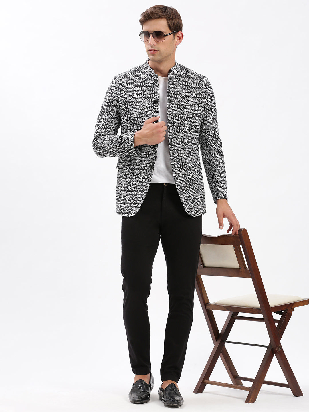 Men Mandarin Collar Printed Black Blazer