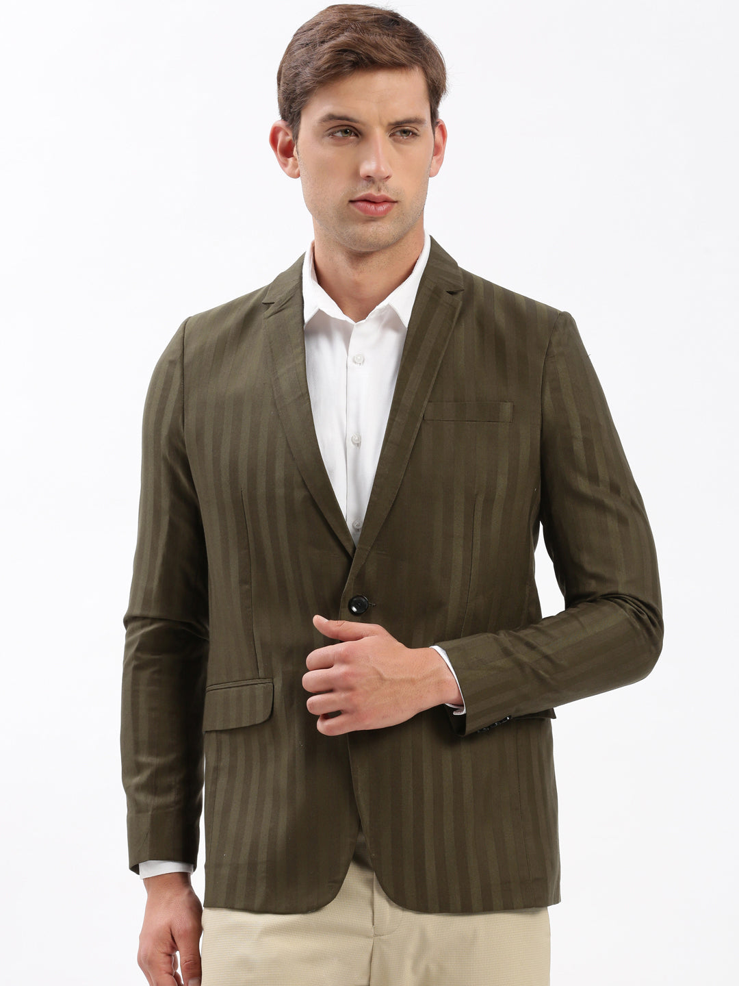 Men Notched Lapel Self Design Olive Blazer