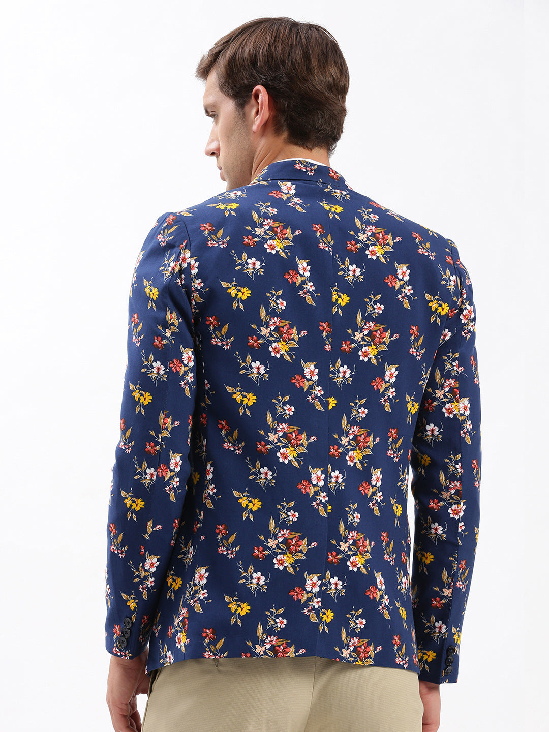 Men Notched Lapel Printed Navy Blue Blazer