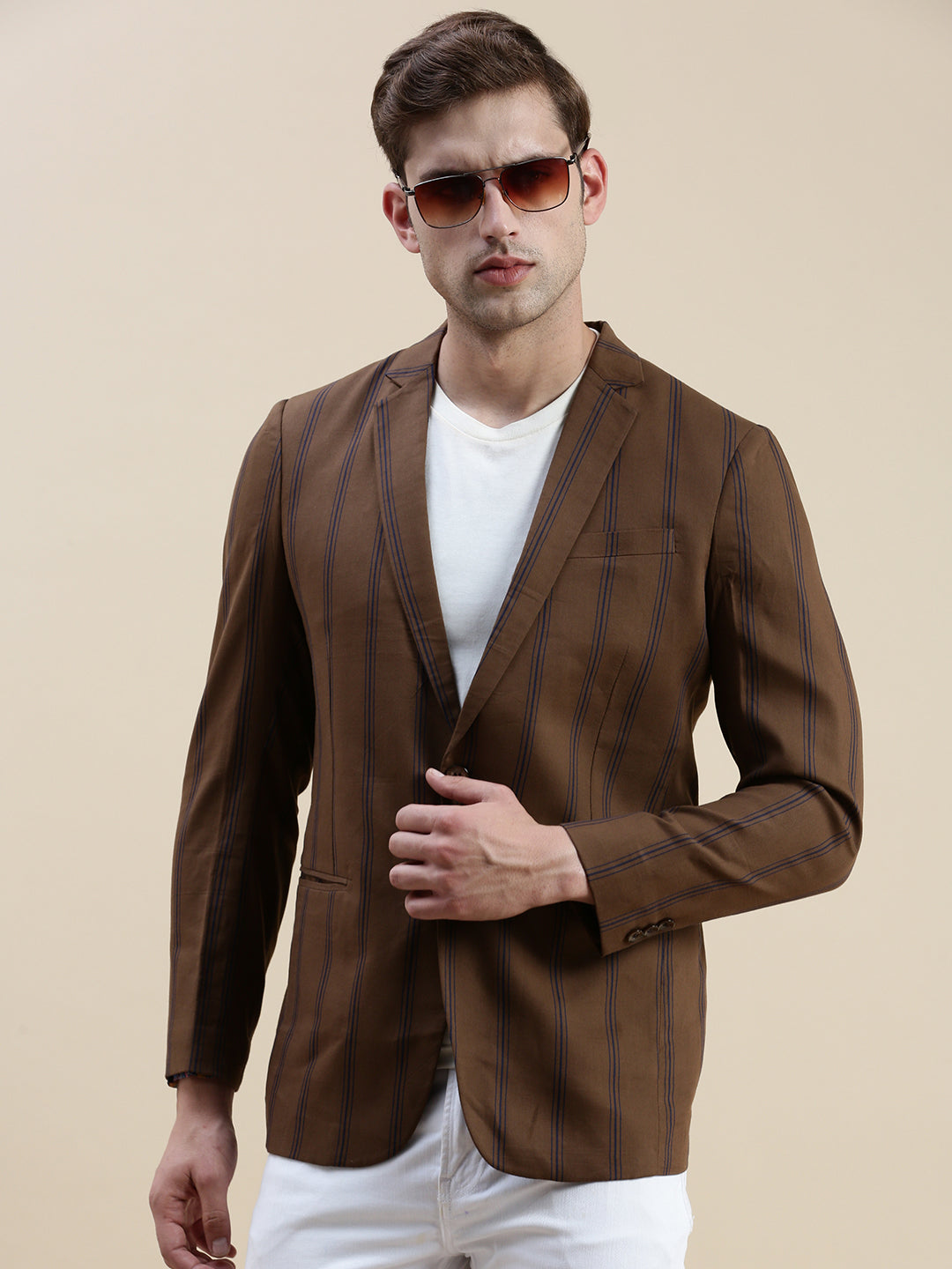 Men Brown Striped Casual Blazer