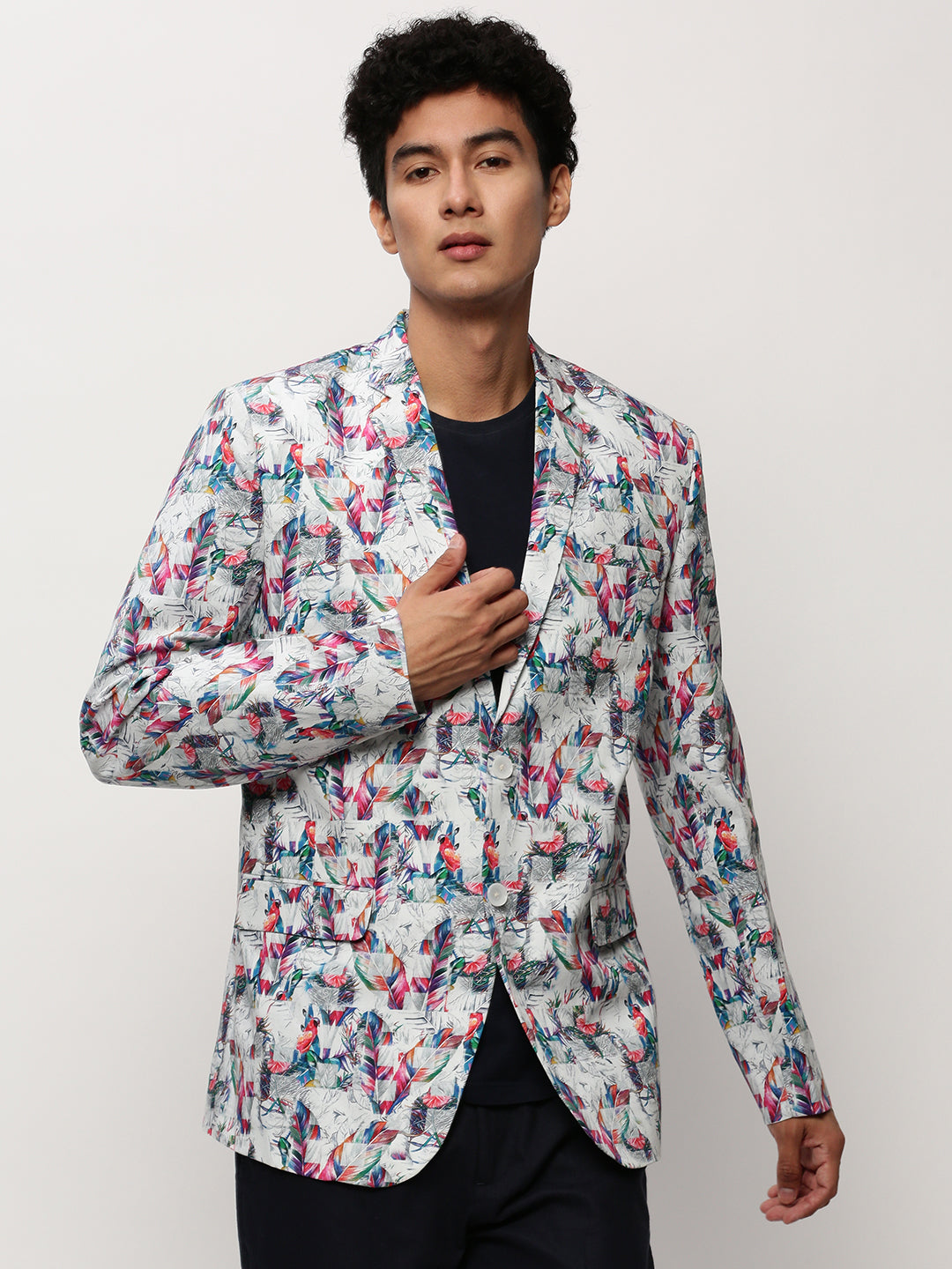 Men White Printed Casual Blazers