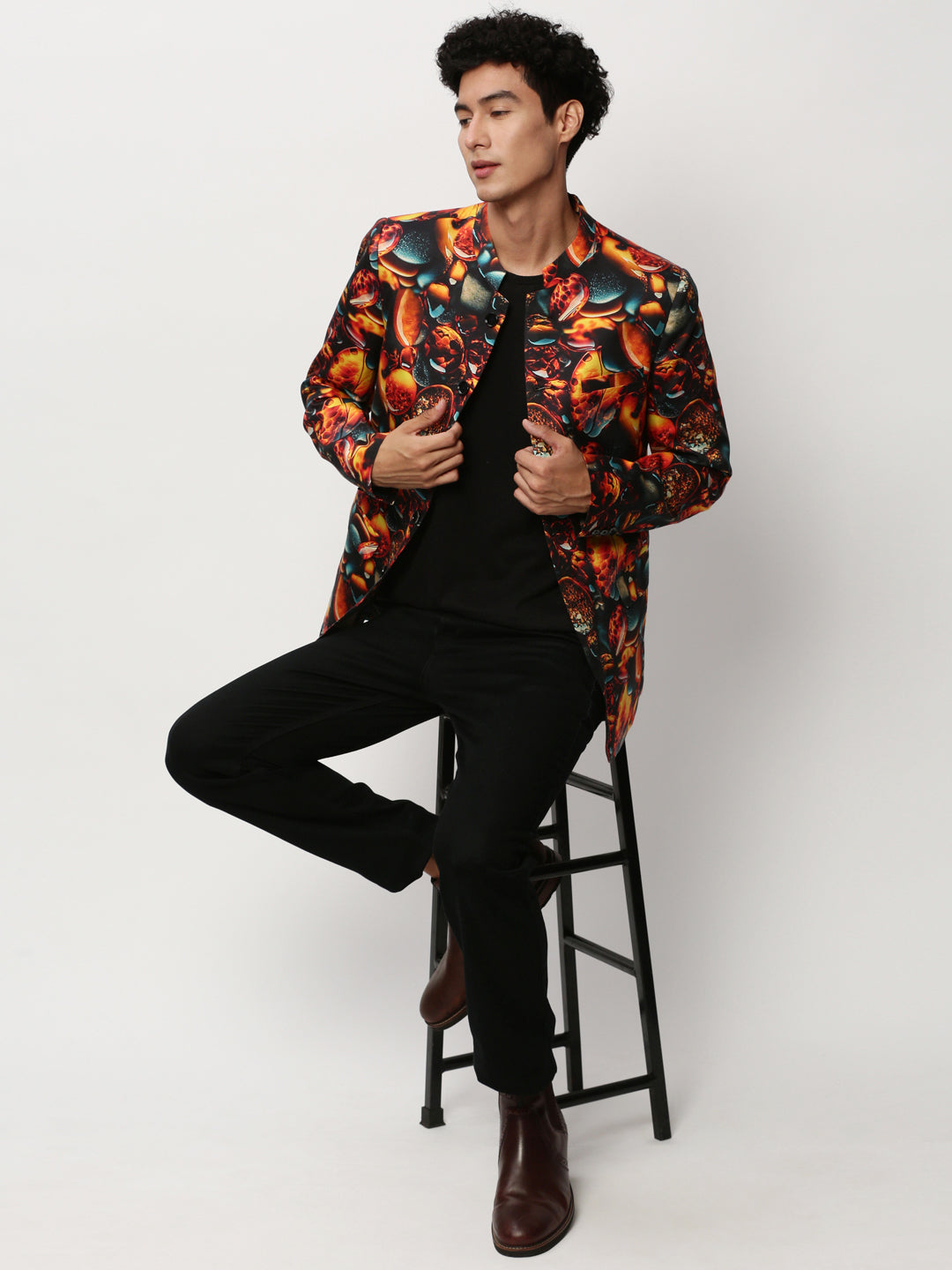 Men Orange Printed Casual Blazers