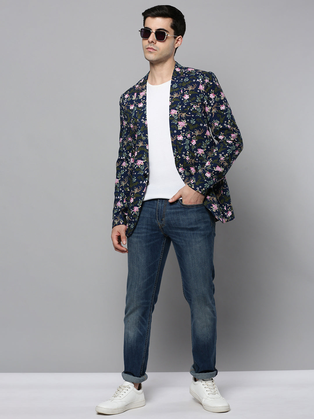 Men Navy Printed Blazer