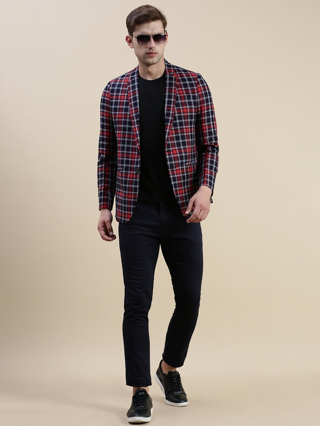 Men Red Checked Notched Lapel Blazer