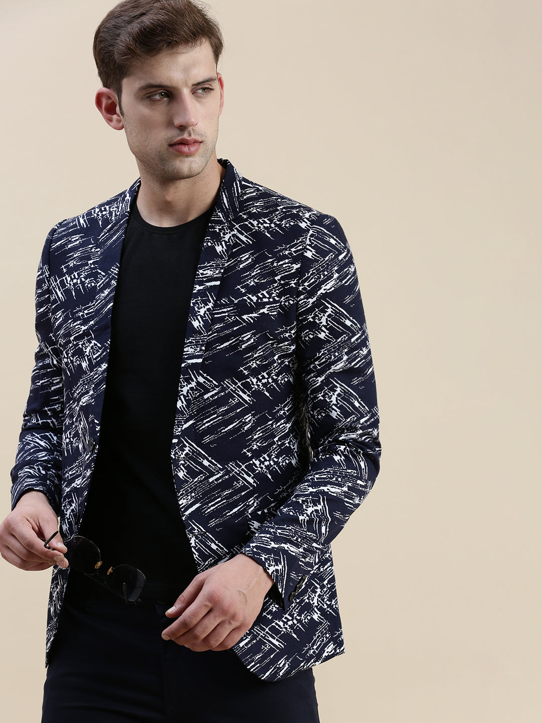 Men Navy Printed Casual Blazer