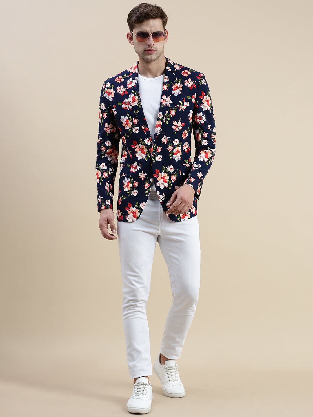 Men Navy Printed Casual Blazer