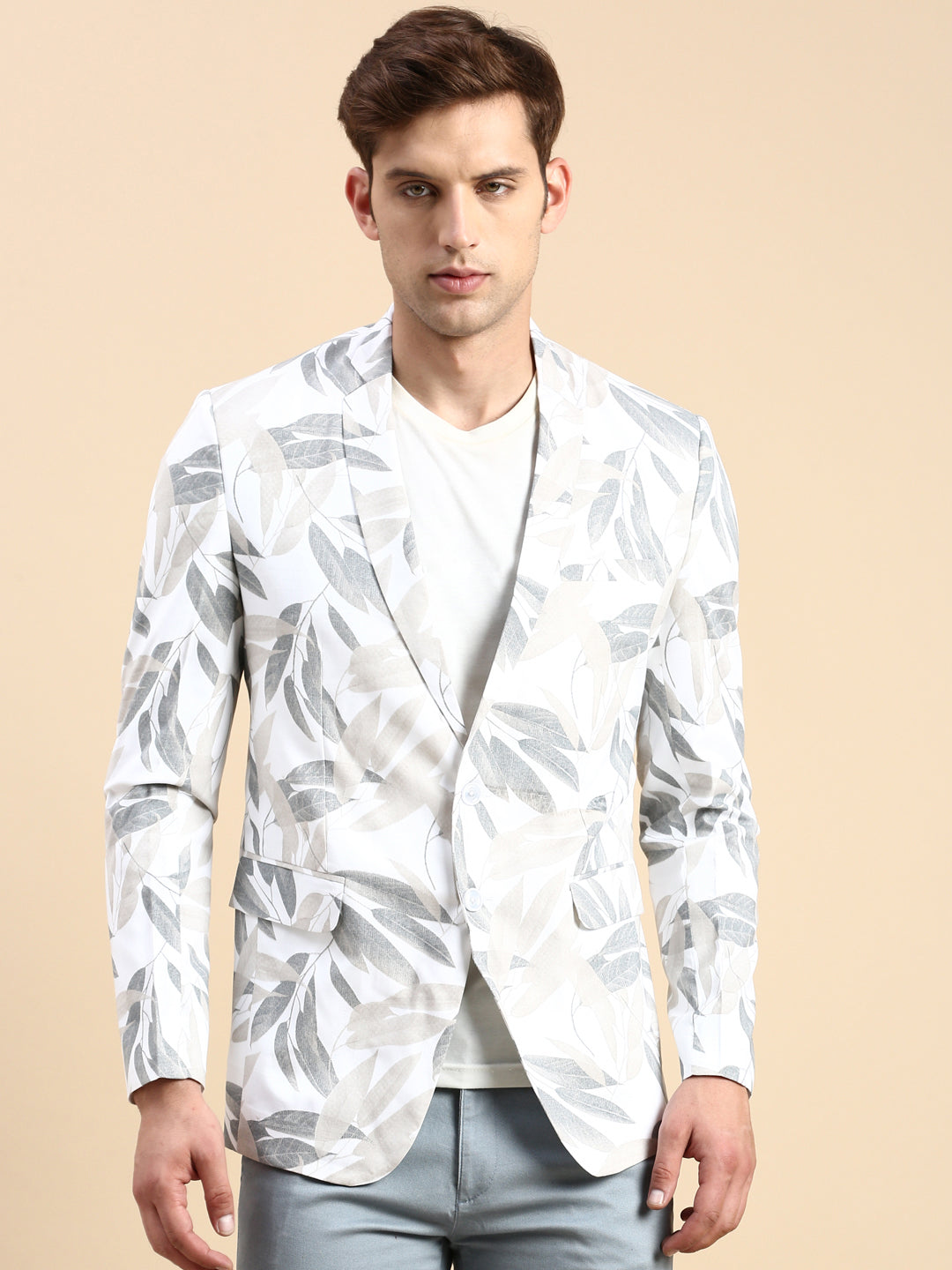 Men White Printed Casual Blazer