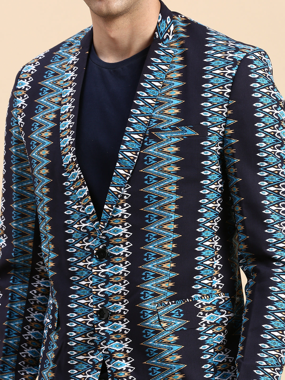 Men Navy Printed Casual Blazer