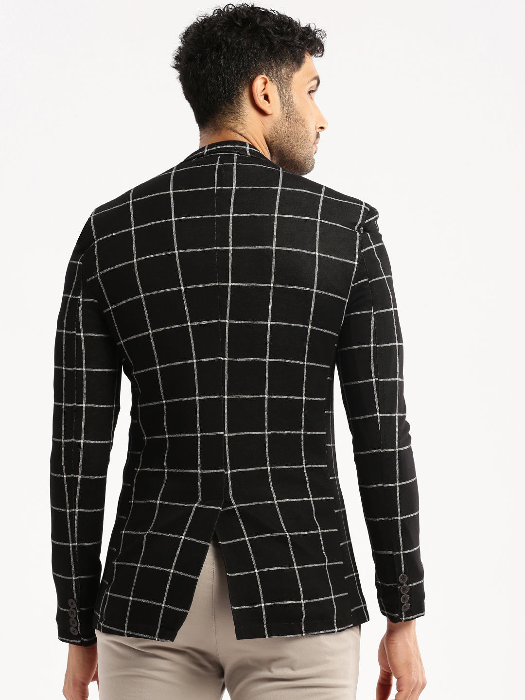 Men Black Checked Notched Lapel Blazer