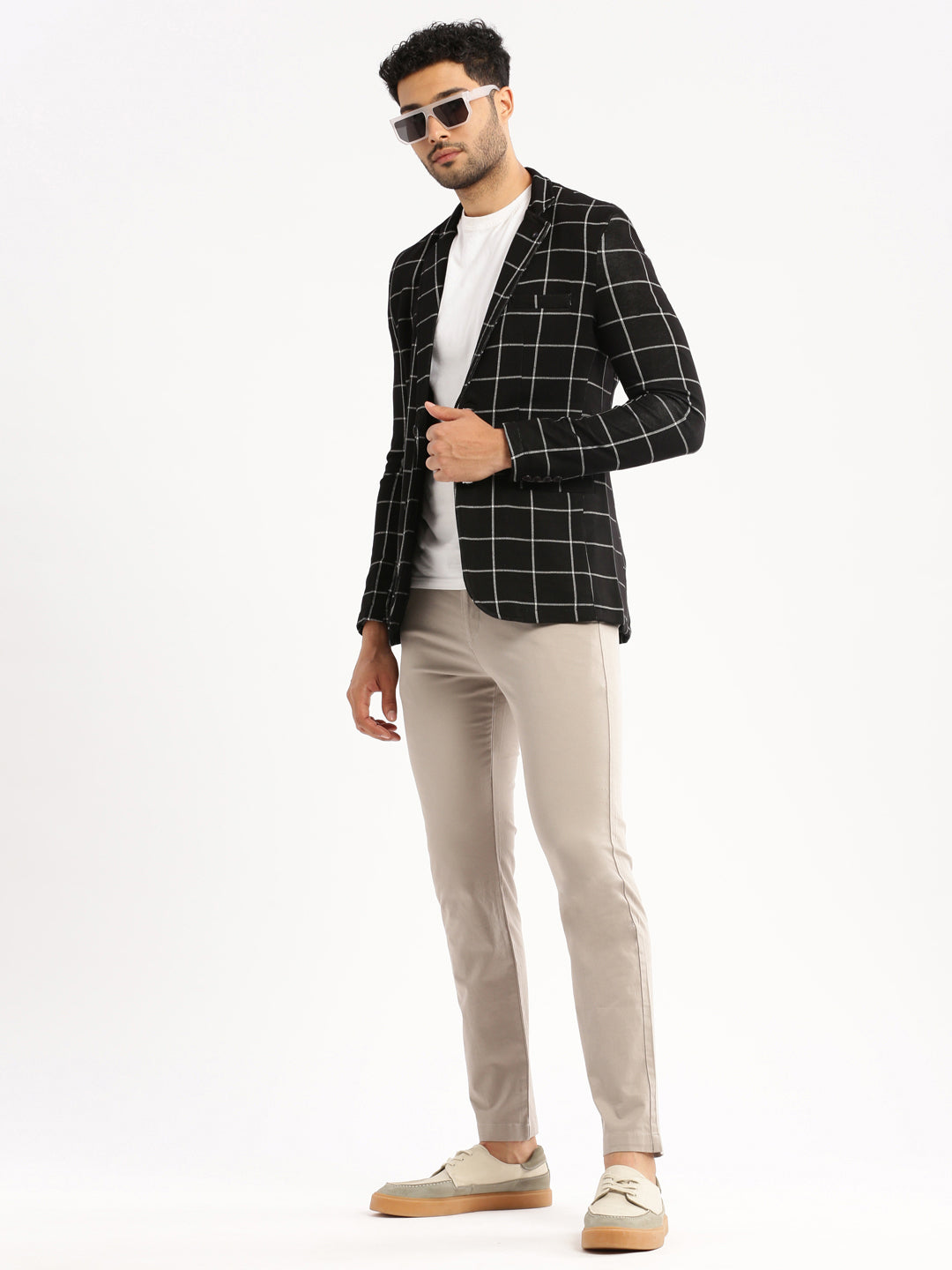 Men Black Checked Notched Lapel Blazer