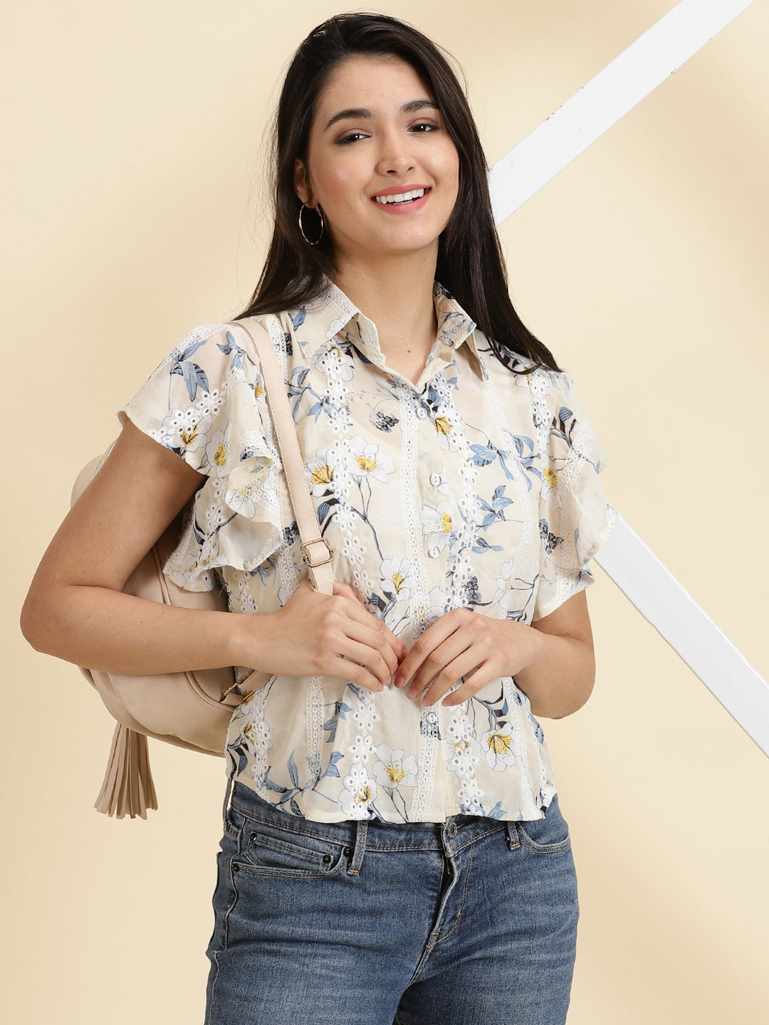 Women's Cream Printed Shirt Style Top