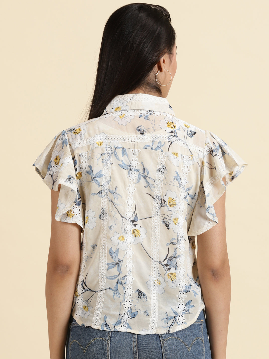 Women's Cream Printed Shirt Style Top