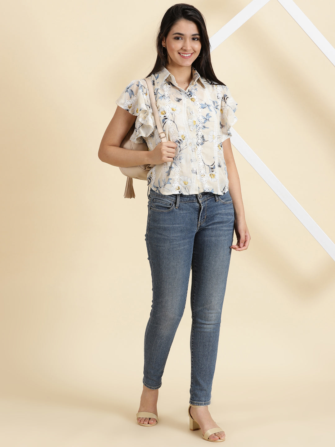 Women's Cream Printed Shirt Style Top