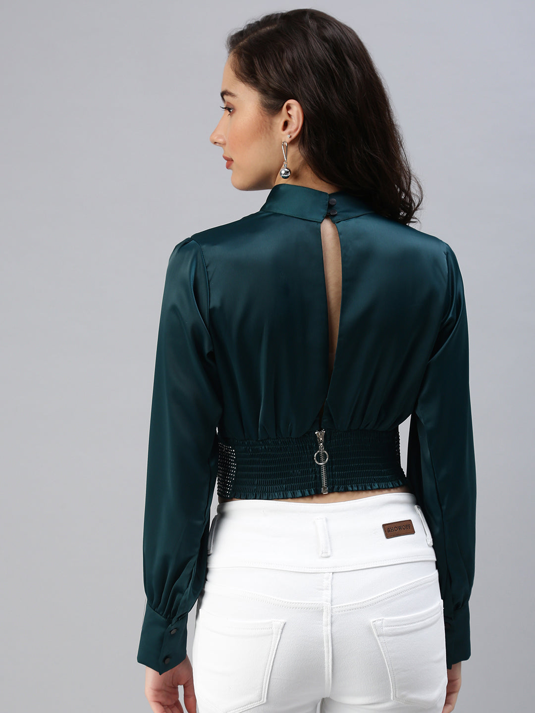 Women's Green Embellished Crop Top