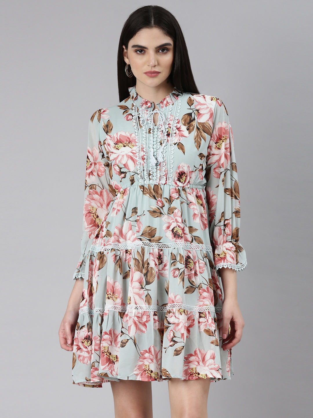Women Sea Green Floral Fit and Flare Dress