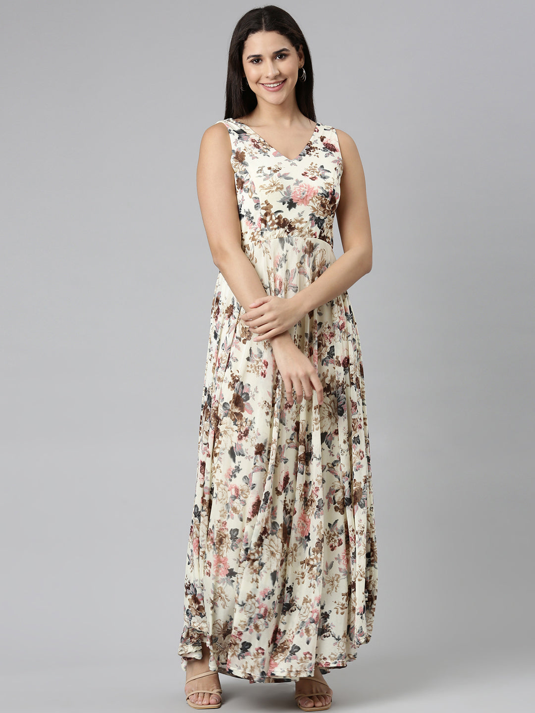 Women Cream Printed Fit and Flare Dress