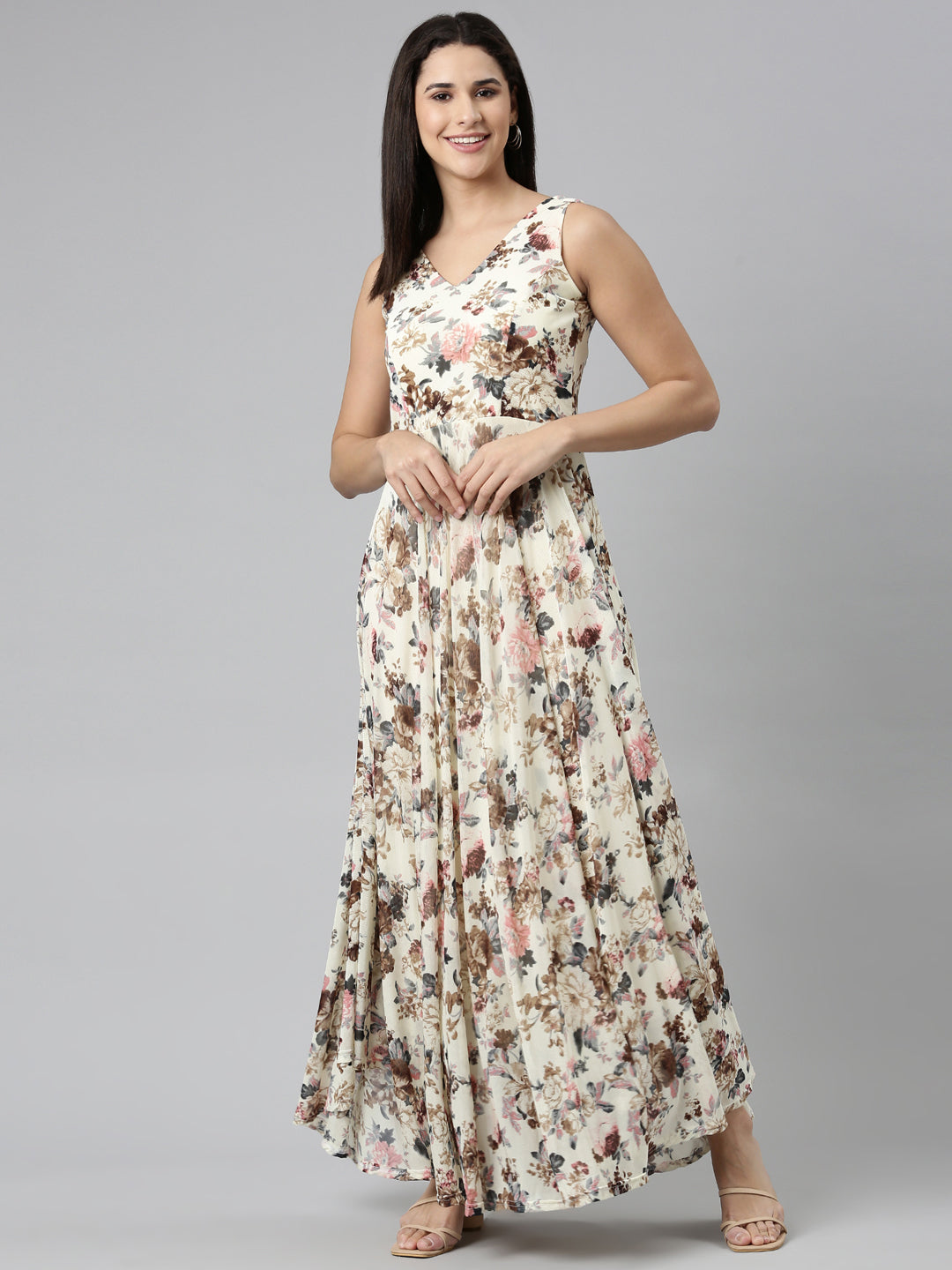Women Cream Printed Fit and Flare Dress