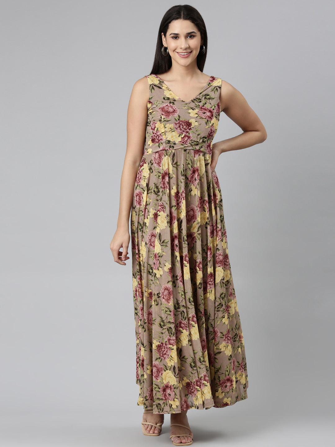 Women Taupe Printed Maxi Dress