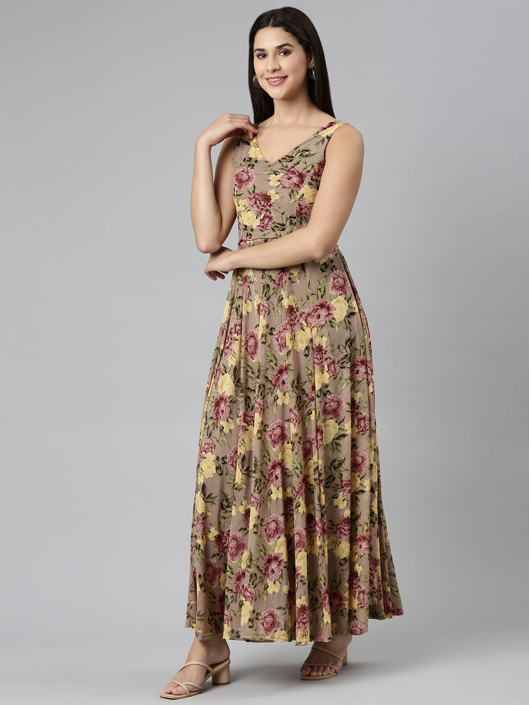 Women Taupe Printed Maxi Dress