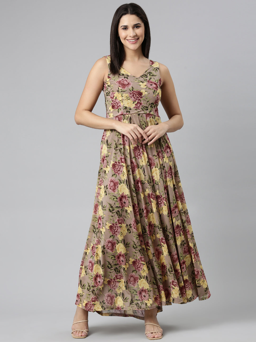 Women Taupe Printed Maxi Dress