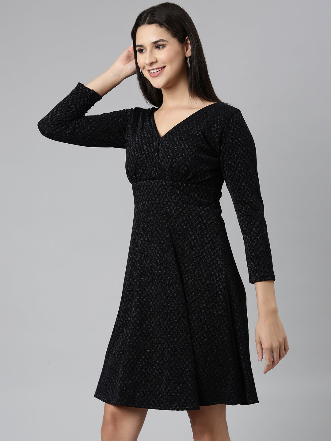 Women Black Checked Fit and Flare Dress