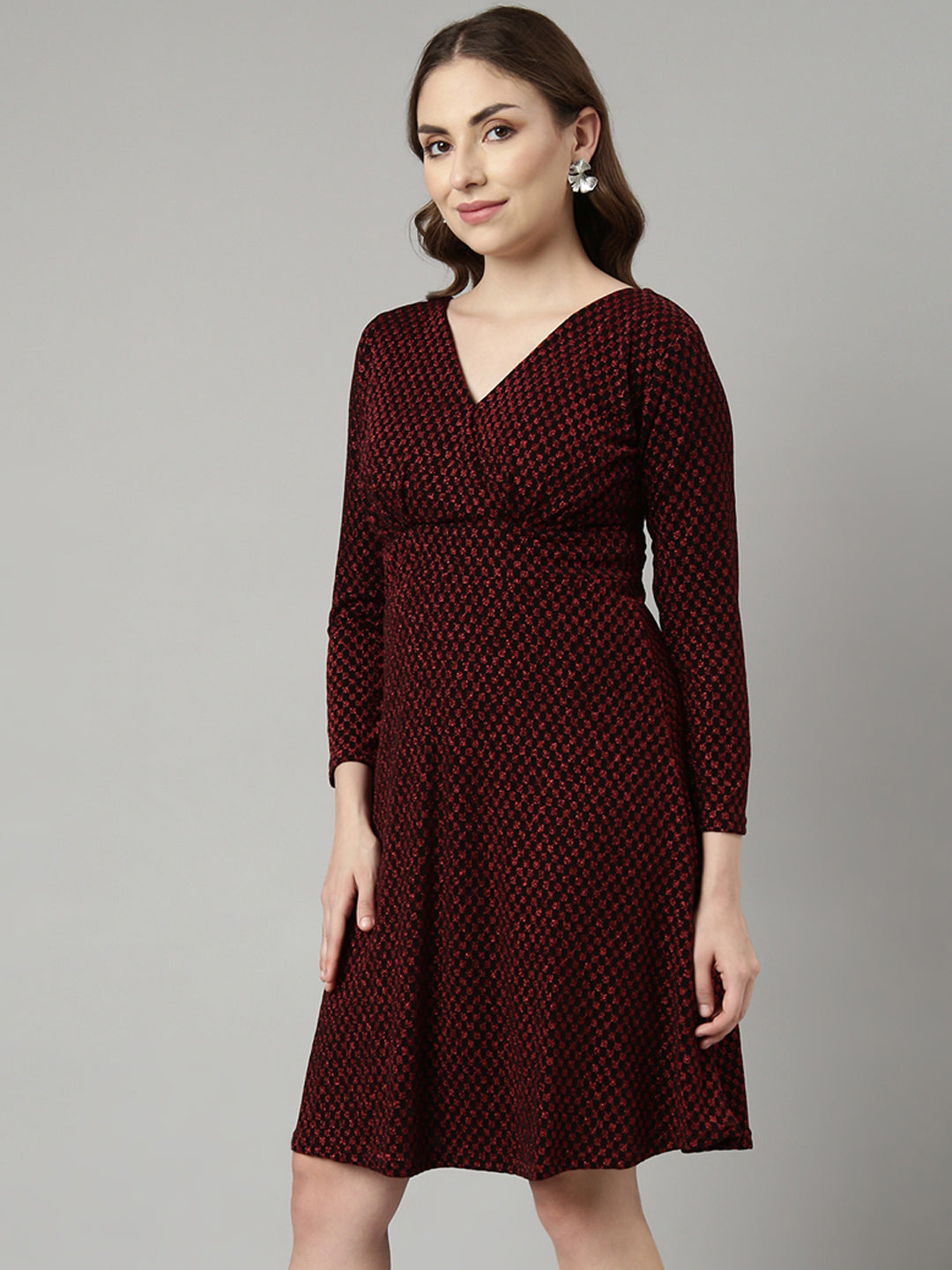 Women Red Checked Fit and Flare Dress