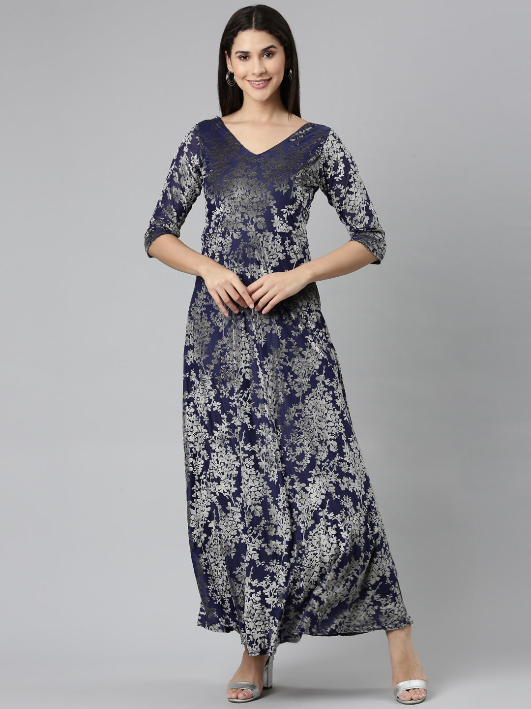 Women Navy Blue Printed Gown Dress