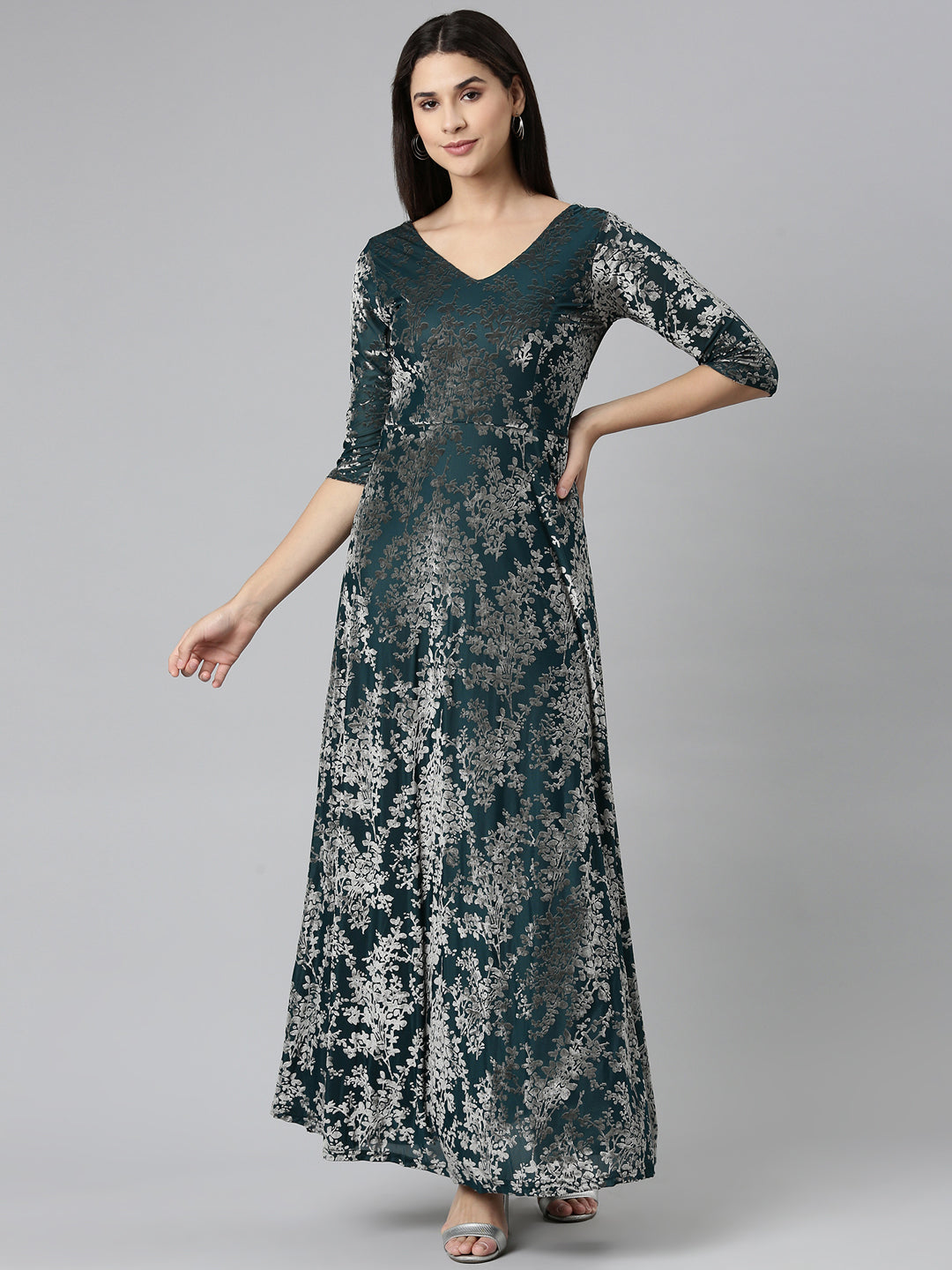 Women Teal Printed Gown Dress
