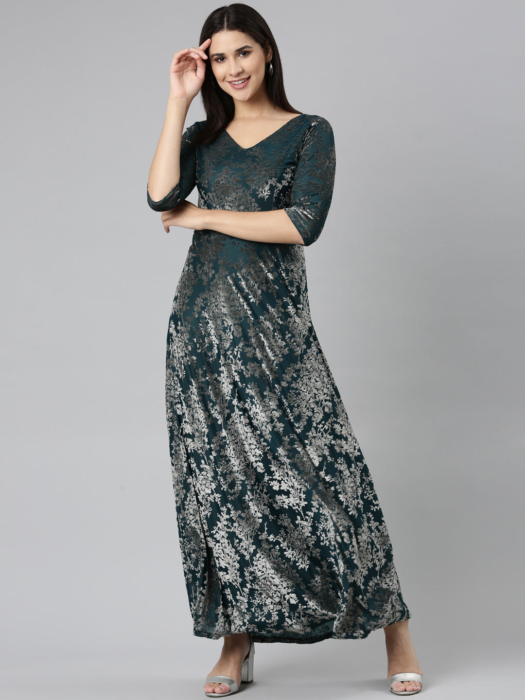 Women Teal Printed Gown Dress