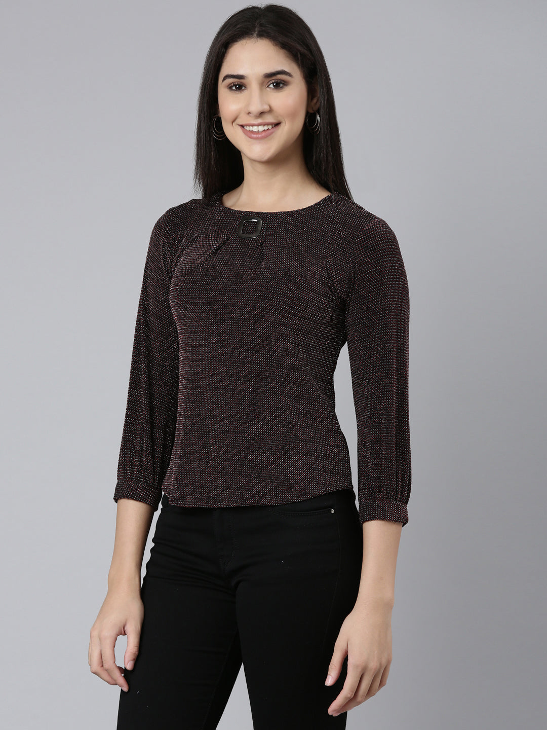 Round Neck Cuffed Sleeves Embellished Maroon Regular Top