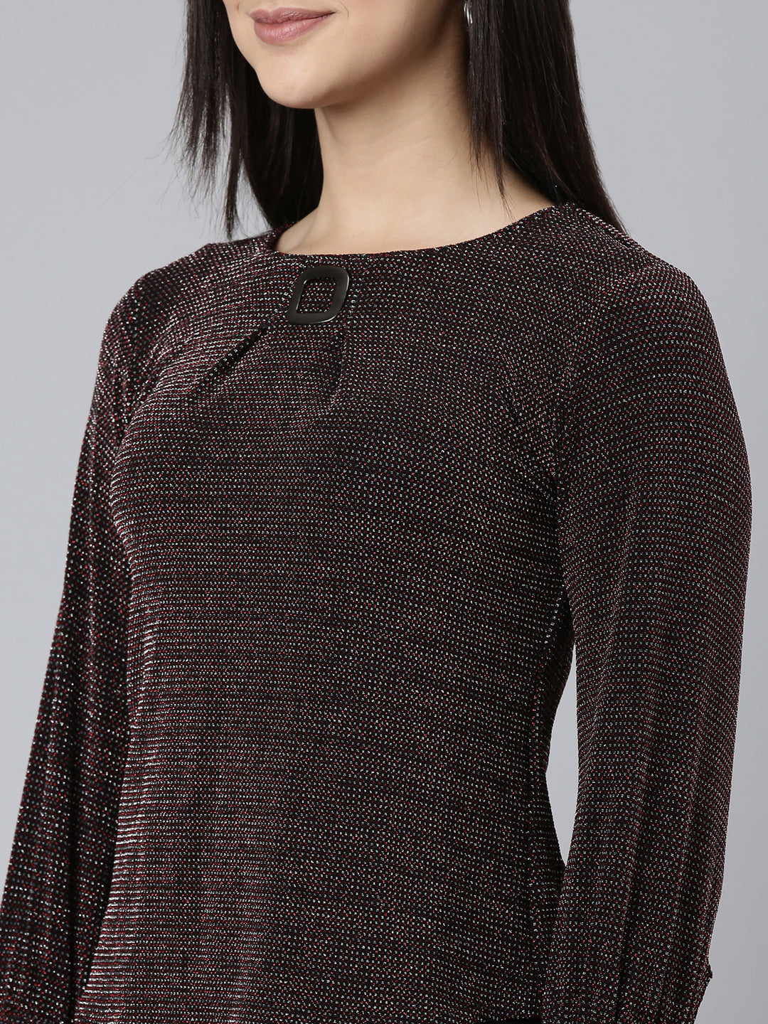 Round Neck Cuffed Sleeves Embellished Maroon Regular Top