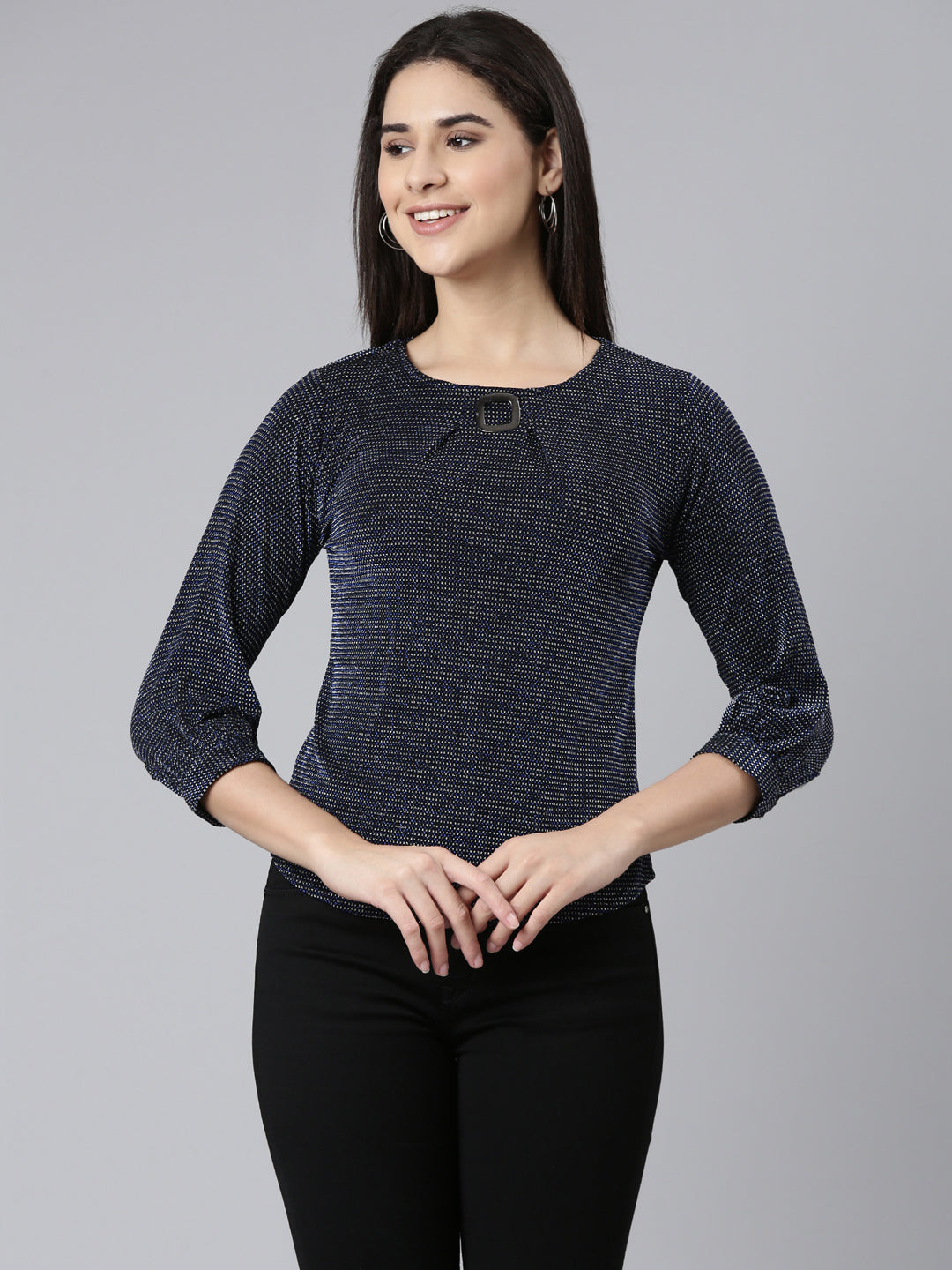 Round Neck Cuffed Sleeves Embellished Navy Blue Regular Top
