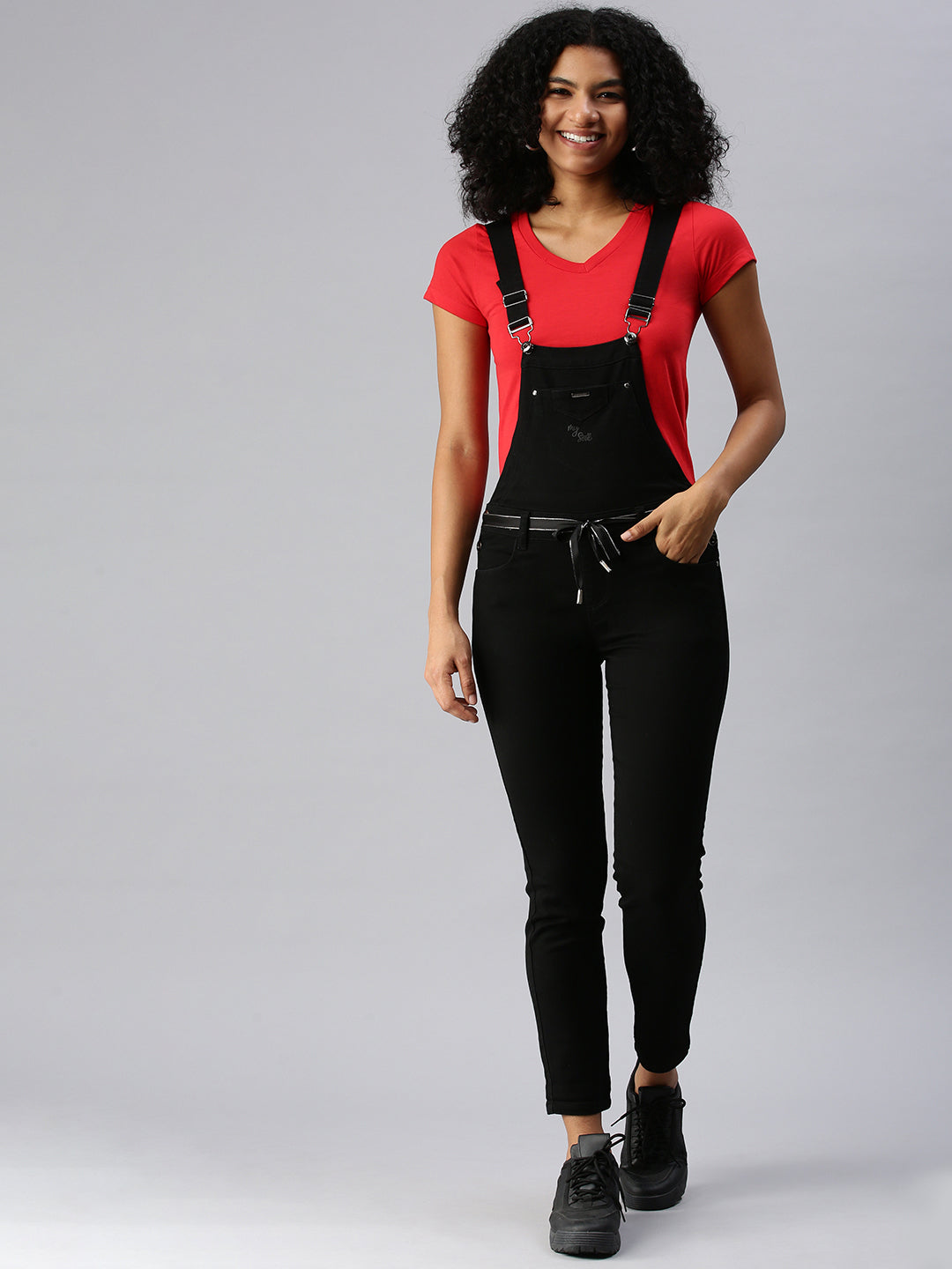 Women's Black Solid Dungarees