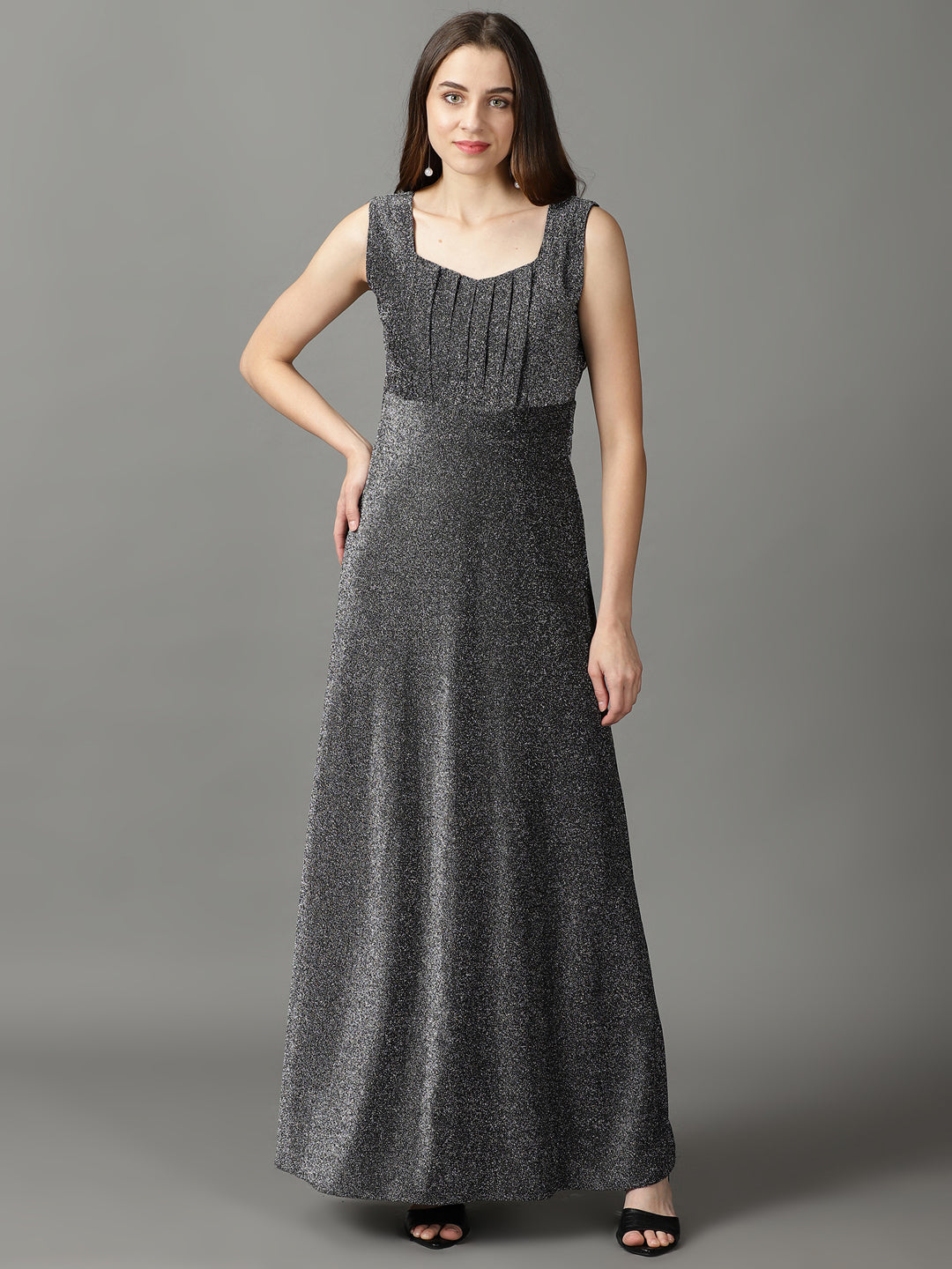 Women's Silver Solid Maxi Dress