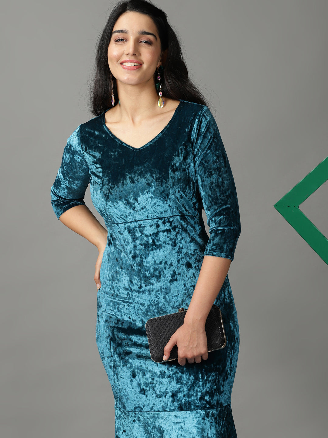 Women's Turquoise Blue Solid Wrap Dress