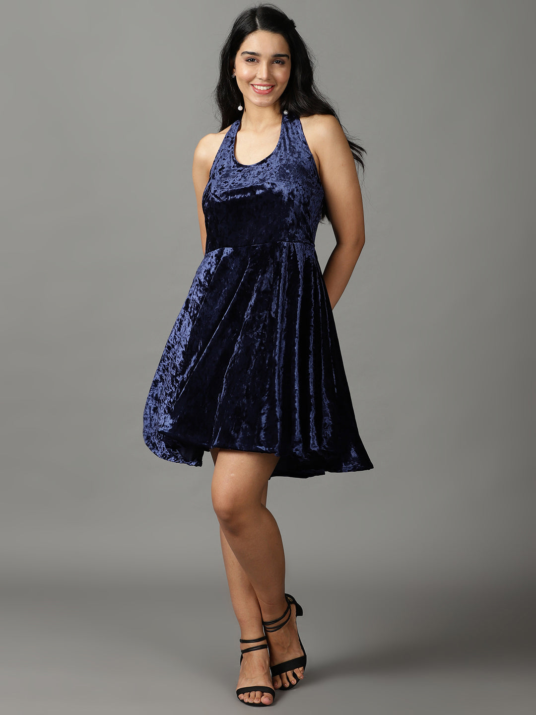 Women's Navy Blue Solid Fit and Flare Dress