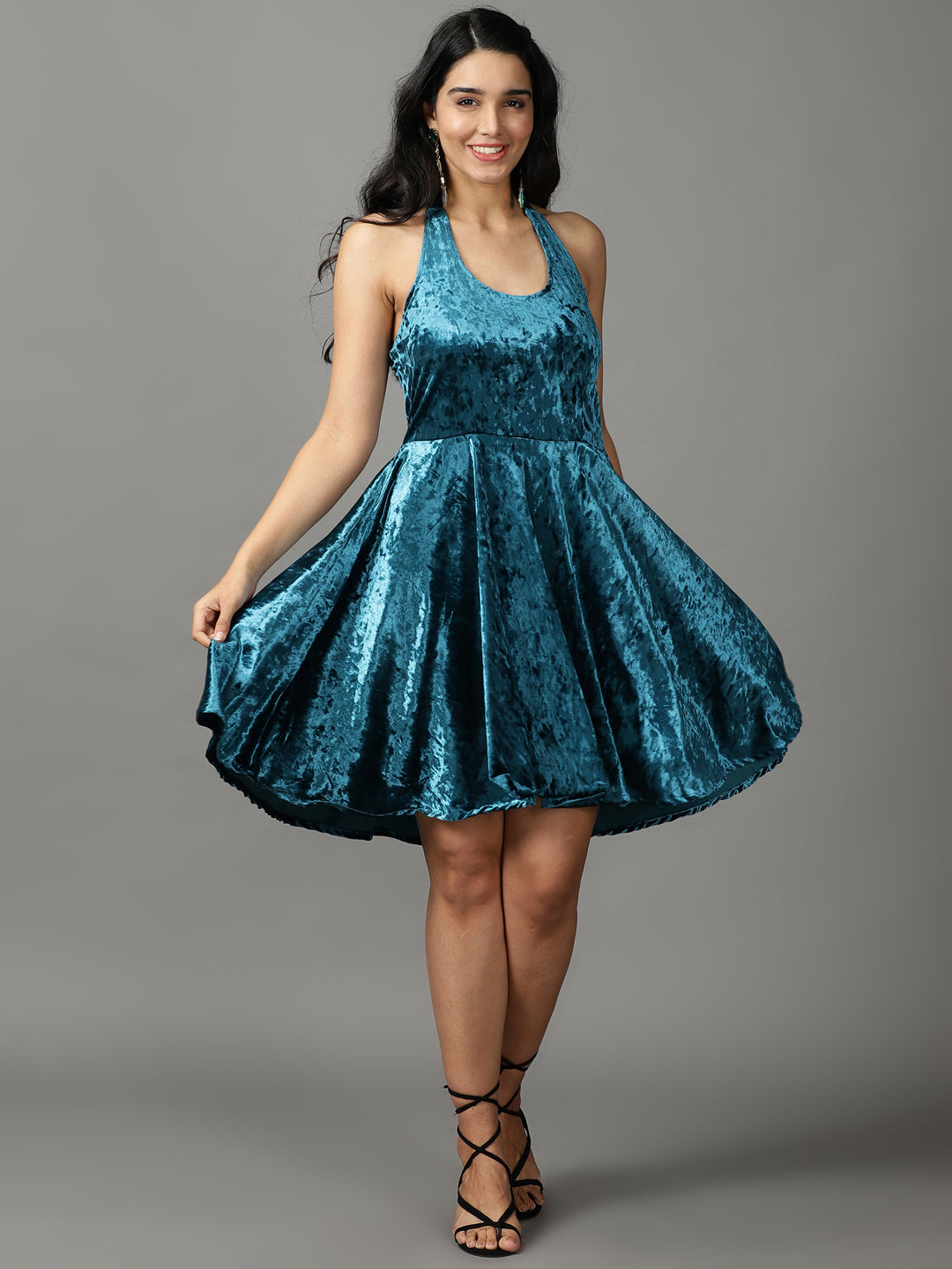 Women's Turquoise Blue Solid Fit and Flare Dress