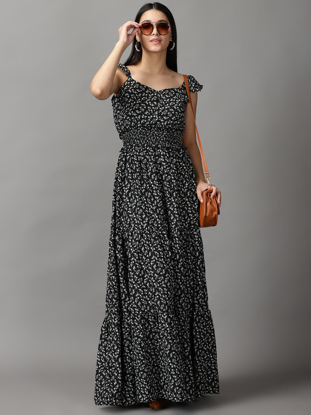 Women's Black Floral Fit and Flare Dress