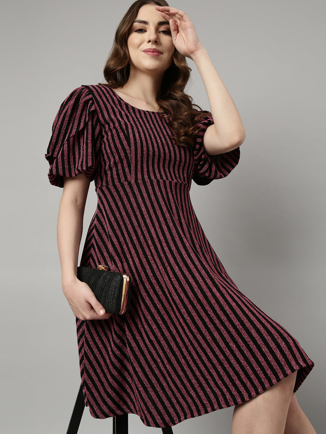 Women Pink Striped Fit and Flare Dress