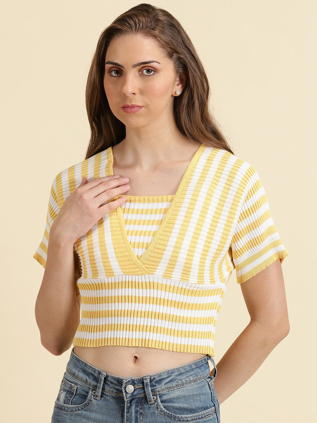 Women's Yellow Striped Fitted Crop Top
