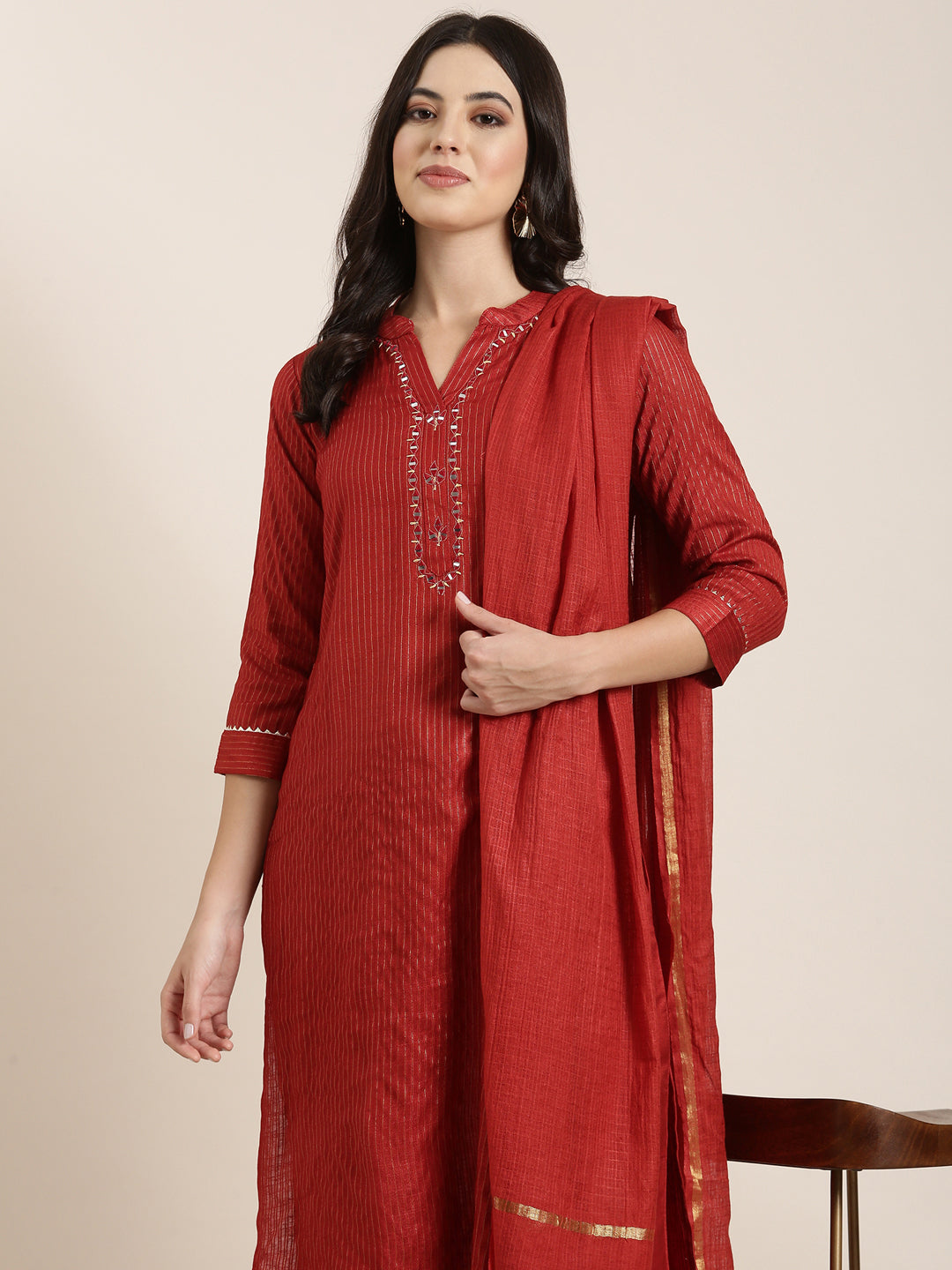 Women Straight Red Striped Kurta and Trousers Set Comes With Dupatta