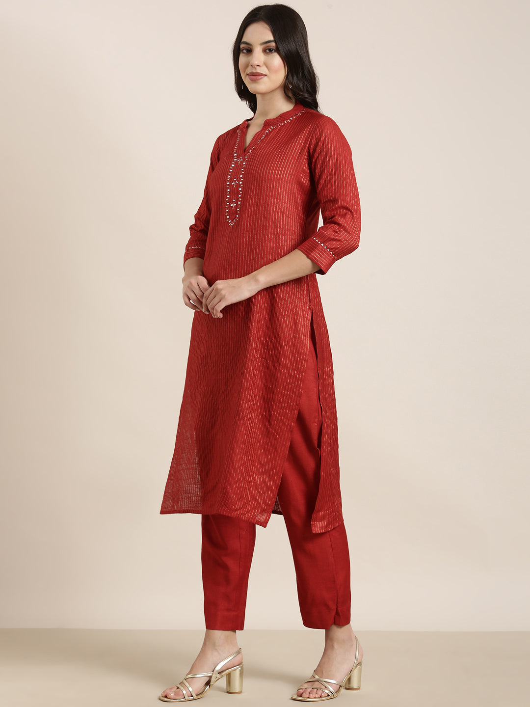 Women Straight Red Striped Kurta and Trousers Set Comes With Dupatta