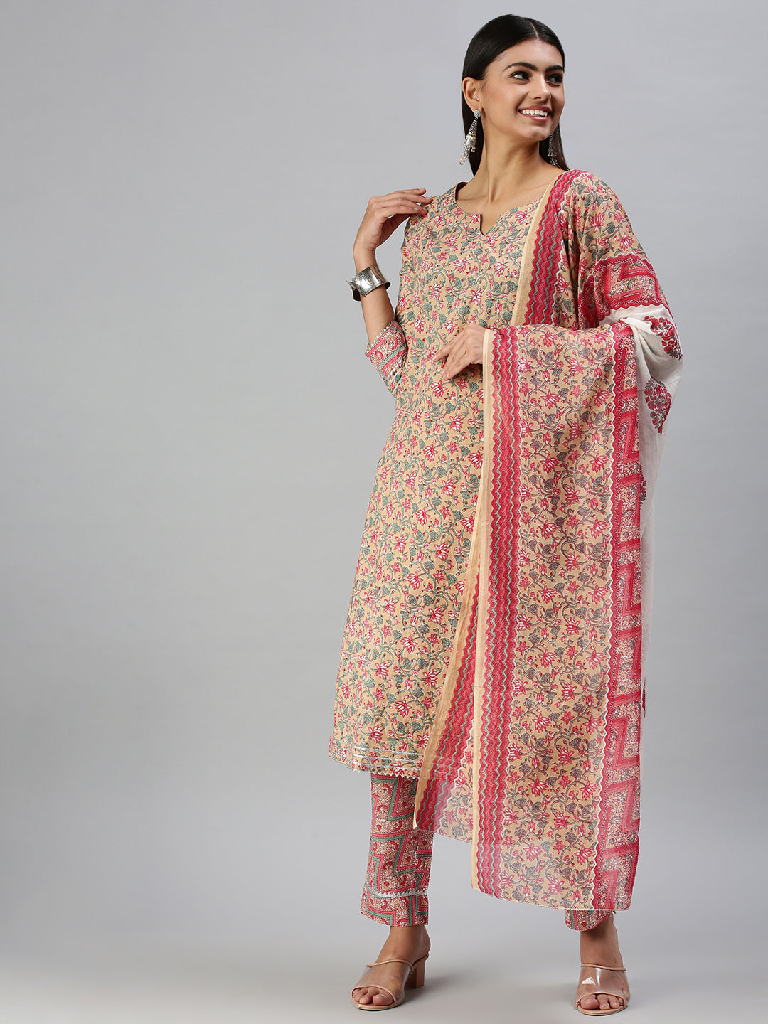 Women's Beige Printed Kurta Sets