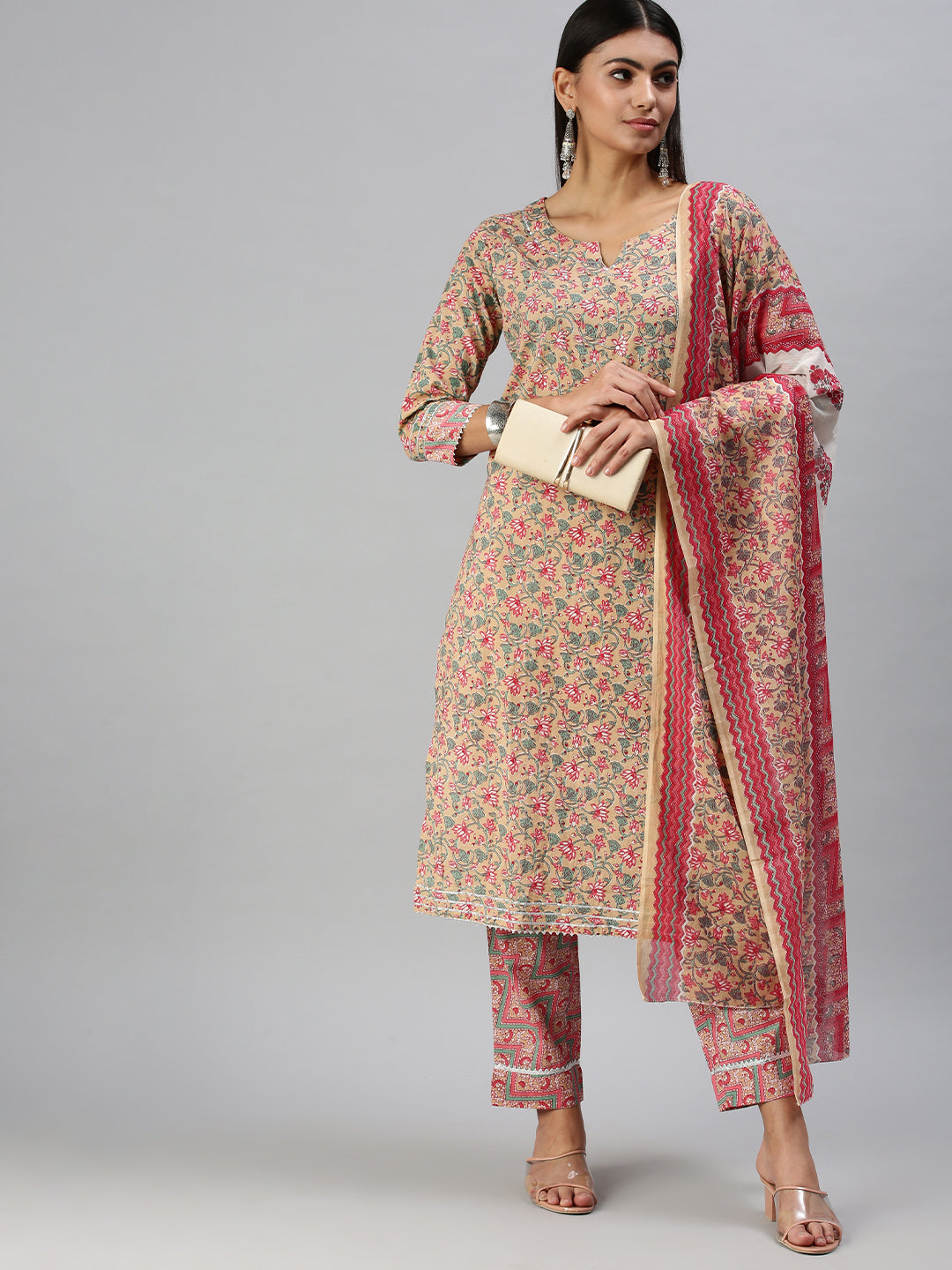 Women's Beige Printed Kurta Sets