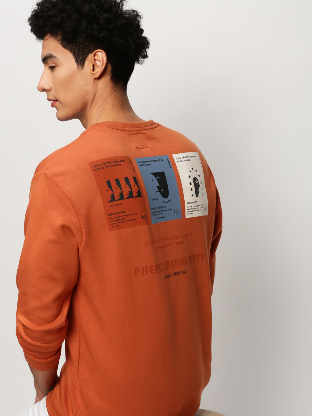 Men Orange Graphics Casual Sweatshirts