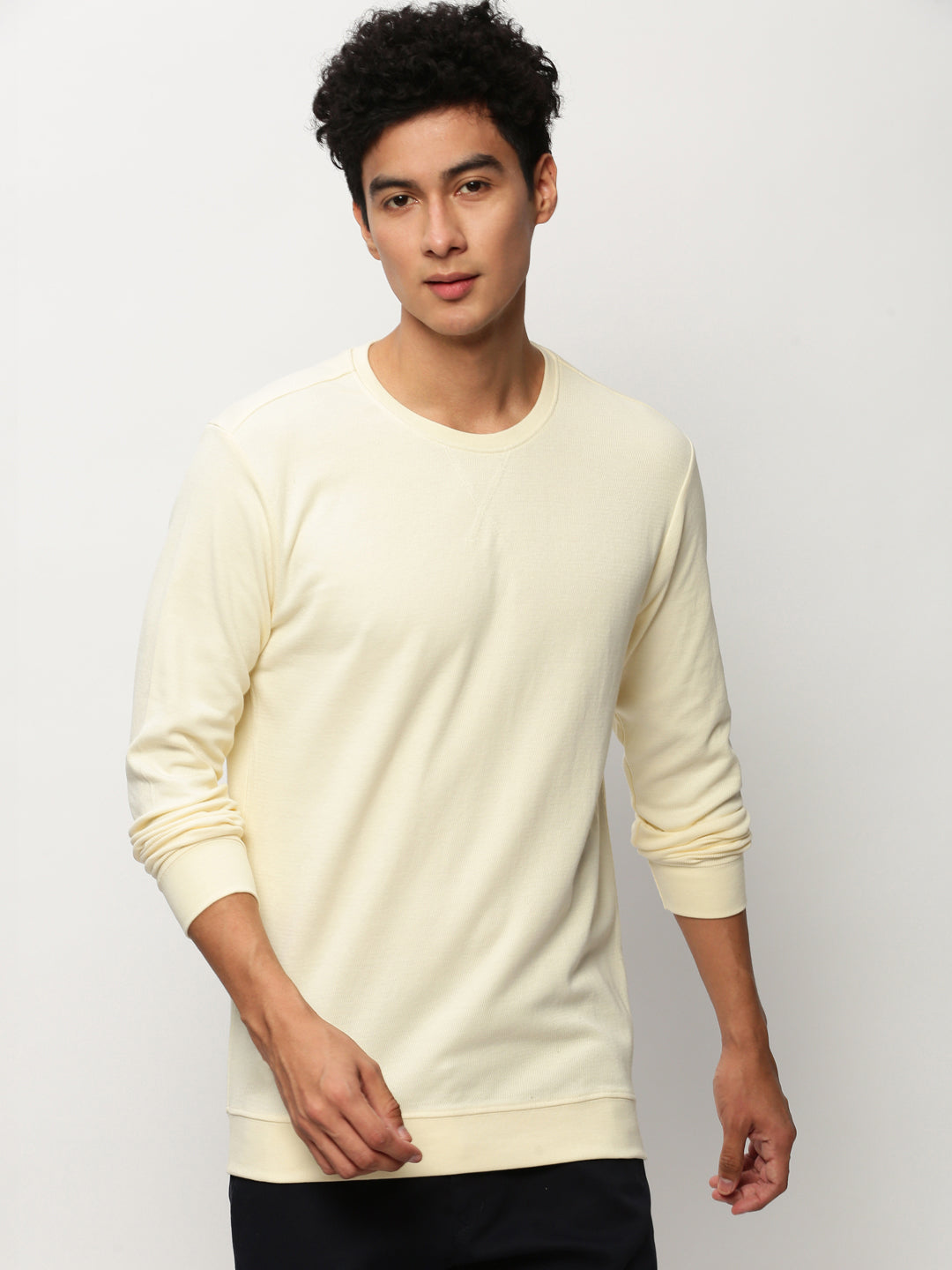 Men Cream Solid Casual Sweatshirts