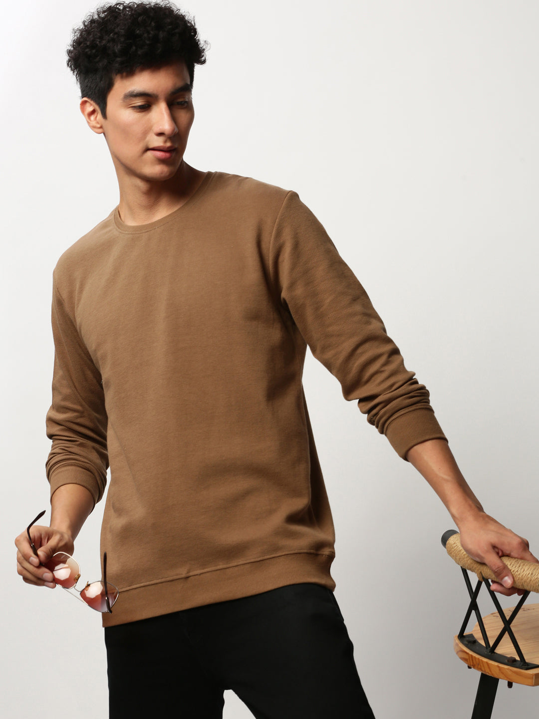 Men Brown Solid Casual Sweatshirts