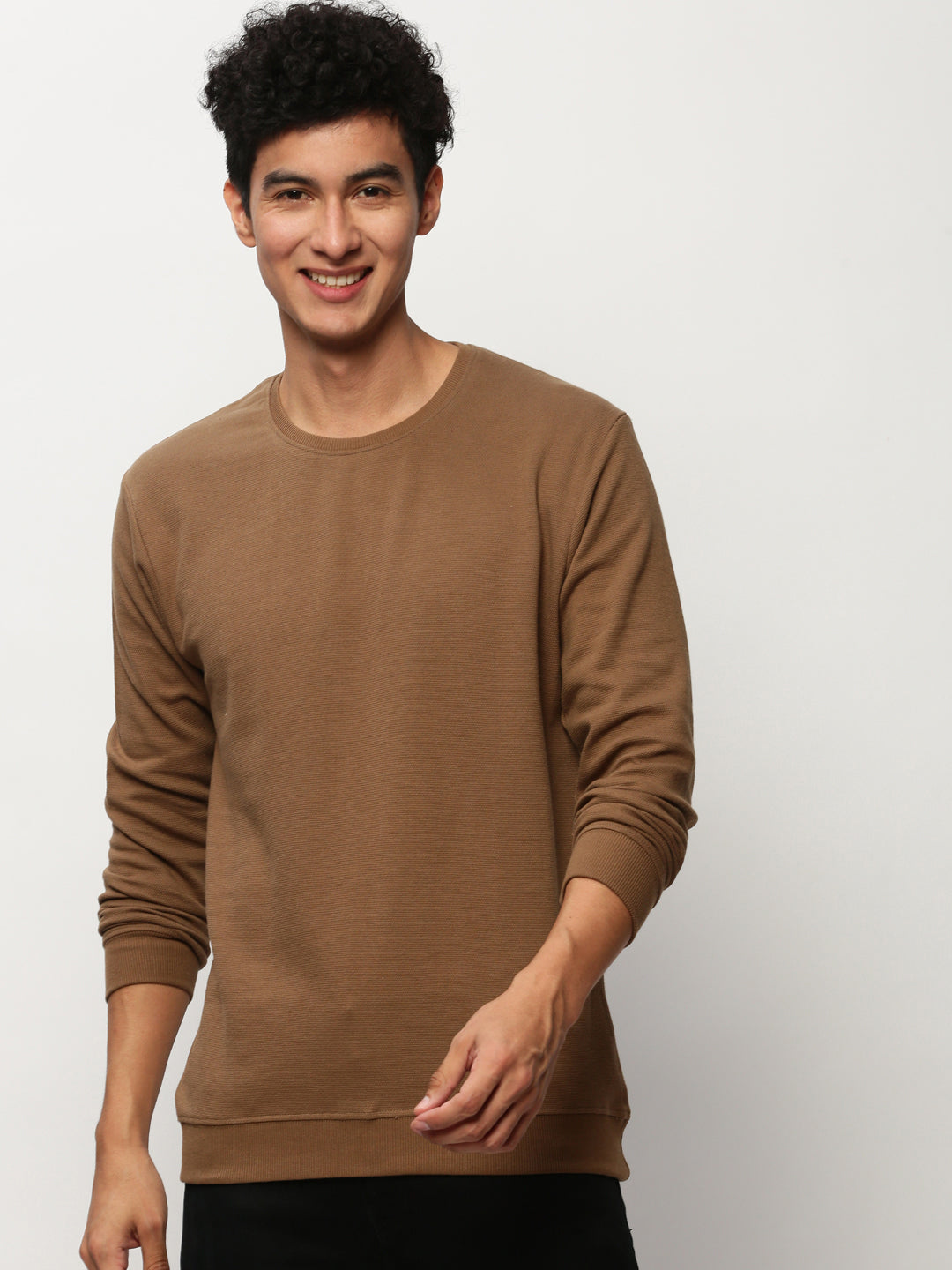 Men Brown Solid Casual Sweatshirts