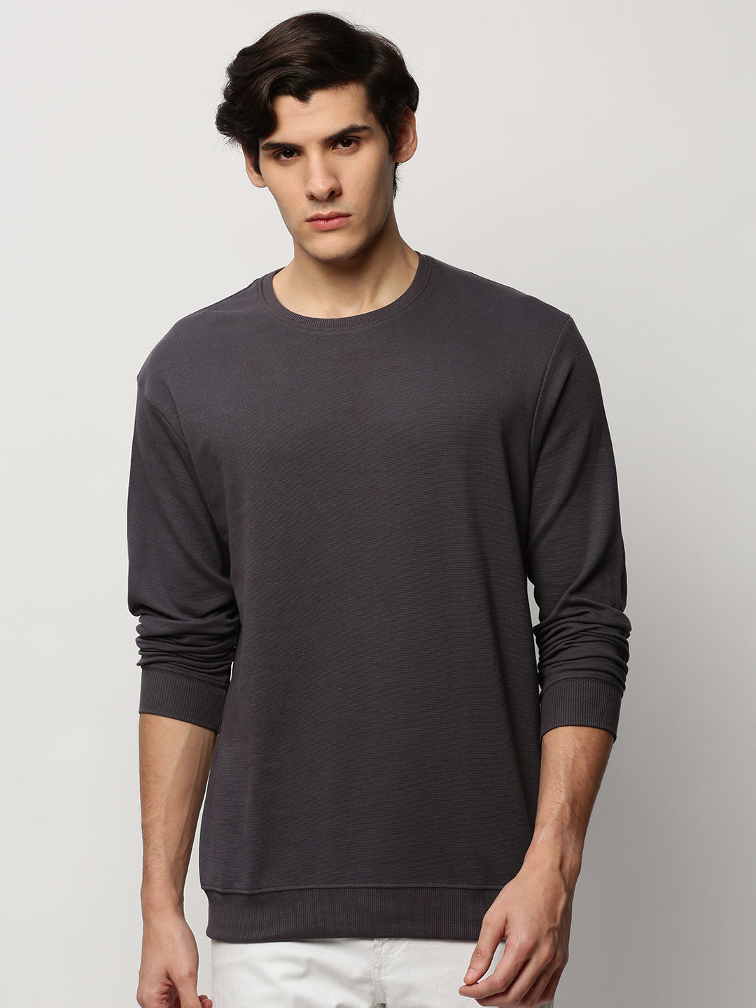 Men Grey Solid Casual Sweatshirts